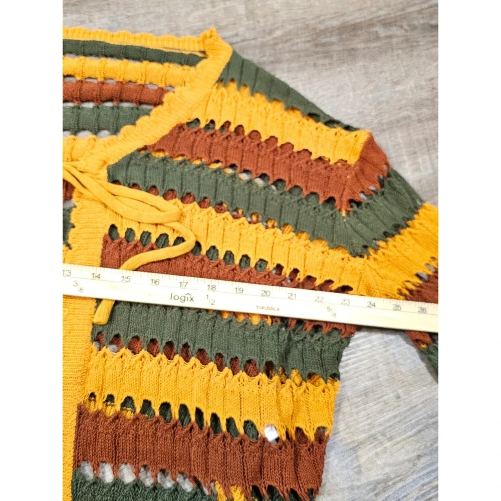 Boho Striped Open Knit Cropped Cardigan Sweater Tie Front Earth Tones Medium